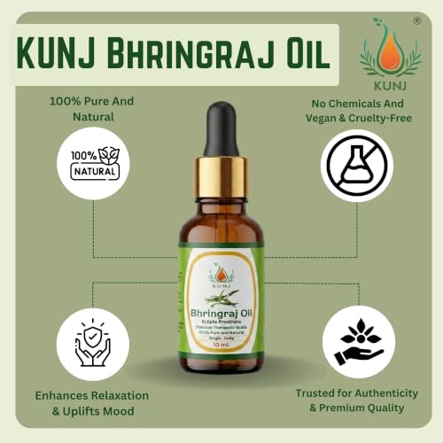 Image of KUNJ Bhringraj Oil for Hair Growth & Hair Fall Control 10ml | 100% Pure Ayurvedic Bhringraj Oil (Eclipta Prostrata) | Strong Roots, Scalp Nourishment & Dandruff Care | Natural Hair Care Oil