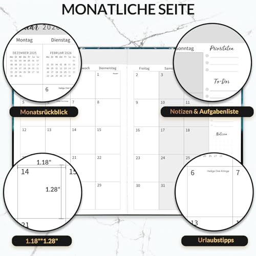 kalender 2026 - Terminplaner 2026 von Januar 2026 bis Dezember 2026, Kalender 2026 Buchkalender, Wochenplaner 2026 mit Innentasche, Elastischer Verschluss, 21.3 x 14.7cm