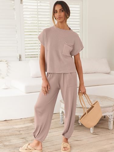 Image of ANRABESS Women's Two Piece Outfits Sweater Sets Knit Pullover Tops and High Waisted Pants Tracksuit Lounge Sets