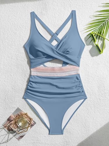 Image of B2prity One Piece Swimsuit for Women Tummy Control V Neck Bathing Suit Color Block High Waisted Cutout Swimwear