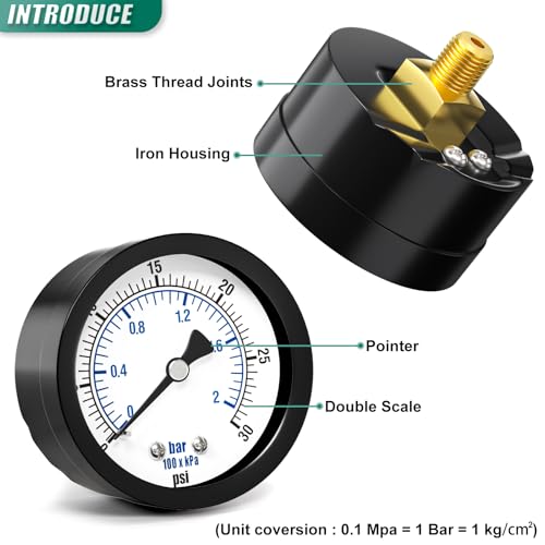 Image of 0-30PSI Well Pump Pressure Gauge 2 inch Dial Size, 1 /8 inch NPT Back Mount, 3-2-3% Accuracy, for Tube, Water Pump, Gas, Liquid, Pressure Test