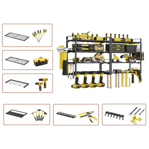 AcornFort W-1702 4 Etagen 80cm Großformat Wandregal Metall Schwere Garage Werkzeug Werkstatt Organizer 8 Steckplätze Akkuschrauber Halterung Wand Werkzeugaufbewahrung mit 4 Bohrhaltern