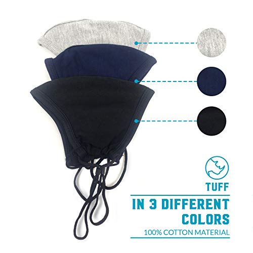 TUFF Face Mask Adult XL Size 3 Pack Breathable Washable Reusable - Adjustable Loops (Black Gray Navy Blue) - Image 3
