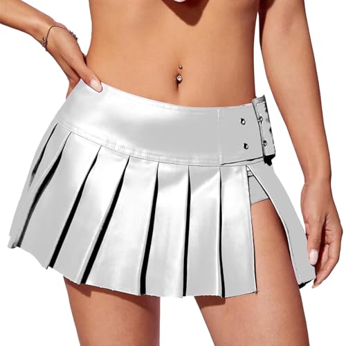 Women's Sexy Low Waisted Buckled Belted Pleated Faux Leather Mini Skirt Solid Ruffle Skirt