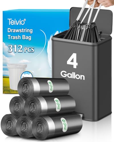 Image of 4 Gallon 312 Counts Strong Drawstring Trash Bags Garbage Bags by Teivio, Bathroom Trash Can Bin Liners, Small Plastic Bags for home office kitchen, Black