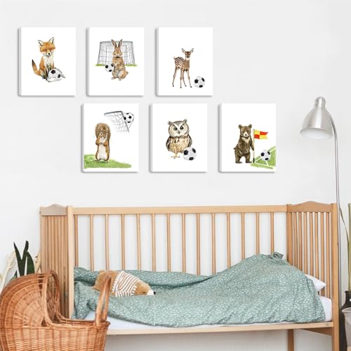 BINCUE 6 Stück Cartoon Dschungel Fußball Tier Wandkunst,Waldland Tiere Poster,Kinder Schlafzimmer Home Dekoration,Kinderzimmer Babyzimmer Bilder,Fußball Sport Inspirierender Leinwandbild,25x20cm