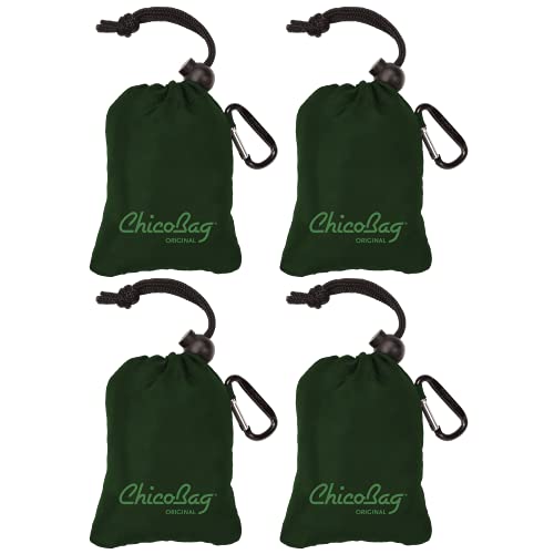 ChicoBag Original Compact Reusable Grocery Bag w/Attached Pouch and Carabiner Clip | Perfect for Shopping, Travel, Organization | Eco-Conscious Packable Tote | Fairway (Pack of 4)