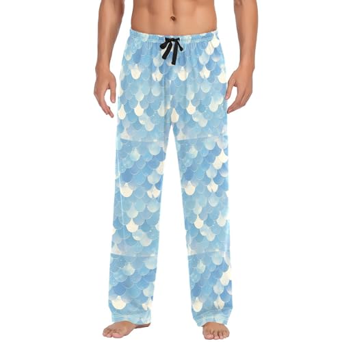 Men's Blue Mermaid Scales Pajama Pants with Pockets - Straight Fit Cotton Sleep Bottoms for Lounge & Nightwear#6912