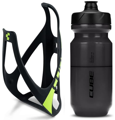 Cube HPP Cage - Matt Black/Green & Flow Bottle - Black, 500ml / Water Drink Flask Vessel Bidon Holder Mount Bracket Kit Lightweight Plastic Drinking Hydration Biking Bike Riding Frame Accessories