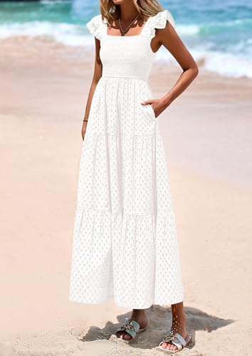 PRETTYGARDEN Womens Summer Square Neck Maxi Dresses Cap Sleeve Eyelet Smocked Tiered A Line Flowy Long Dress with Pockets3
