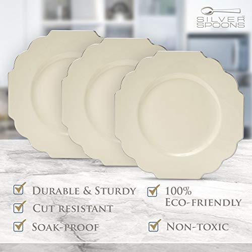 Elegant Plastic Plates For Party With Scalloped Rim (10 Pc), Disposable Heavy-Duty Dessert Plates For Wedding Reception - 6”, Fancy Plastic Dinnerware Sets With Silver Edge For Upscale Events - Ivory #TOP5