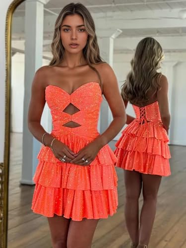 SHANDUAO Womens Sparkly Rhinestone Homecoming Dresses 2025 A-Line Strapless Cocktail Party Gowns HC0332