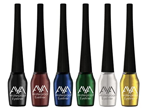 AYA Waterproof Long Lasting Smudge Transfer proof Liquid Eye Makeup Eyeliner, Set of 6 (Black, Blue, Brown, Green, Silver, Golden), 30 ml