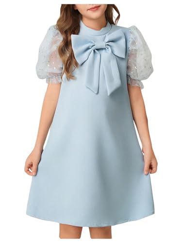 Girl's Cute Bow Dress Crew Neck Puff Sleeve Birthday Party Tunic Dresses