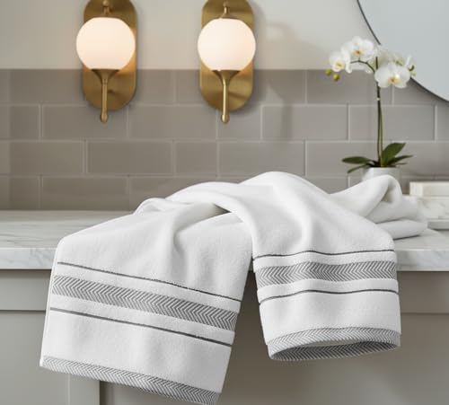Bath Towel Set_White Towel For Bathroom, Luxury Hotel &Spa Quality, 100% Cotton .Includes 2 Large Bath Towels, 2 Hand Towels and 2 Washcloths.Super Soft, Absorbent & Decorative (White/Grey) - Image 5