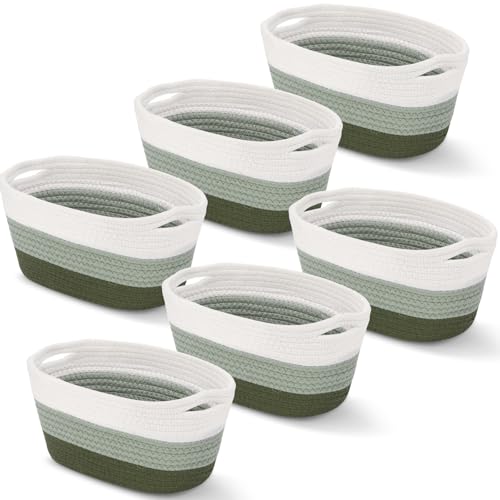 Image of Sawysine 6 Pcs Storage Baskets Bulk for Organizing Cotton Rope Woven Basket with Handles for Gift Cloth Shelves Blanket Toys Living Room(Green and White)