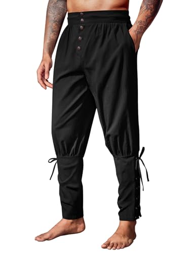 Runcati Mens Medieval Pirate Pants Renaissance Ankle Banded Viking Ren Faire Pants Lace Up Halloween Costume Trousers Black