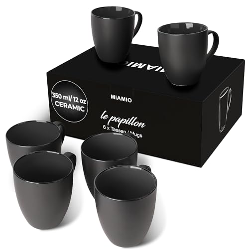 MIAMIO - 6 x 350 ml Stoneware Coffee Mug/Cup Set - Le Papillon Collection (Black), Coffee Mugs (6x)