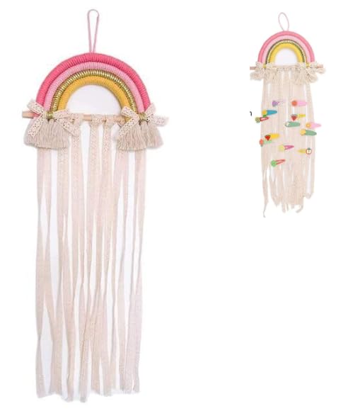 Bavooty Hair Bow Holder for Girls – Rainbow Wall Mount Hair Clip Organiser, Bohemian Hair Accessories Storage for Hair Bows, Claws, Headbands – Pink Hair Organiser Rack for Bedroom Decoration
