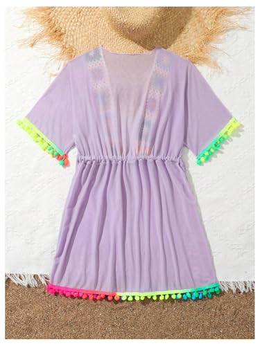 Image of Milumia Girl's Embroidered Tie Knot Cover Up Sheer Pompom Bikini Coverups Beachwear Dusty Purple 11 Years