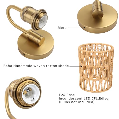 Image of Vintage Gooseneck Sconces Wall Decor Set of 2 with Rattan Shade, Boho Wall Sconces Set of Two Hardwired Wall Lamp Fixture for Living Room Bedroom Bedside Hallway