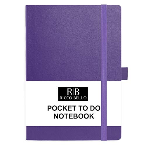 RICCO BELLO Small Hardcover Pocket to Do List Notebook, Elastic Band Closure, Pen Loop, Ribbon Bookmark, Vegan Leather, Storage Pocket, 4.25 x 6 inches (Purple)
