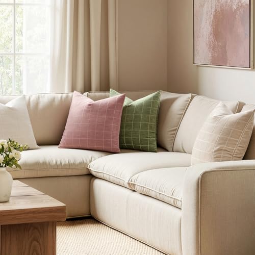 Image of MIULEE Blush Pink Plaid Decorative Throw Pillow Covers 20x20 Set of 2 | Vintage Check Chenille Couch Pillows Neutral Boho Farmhouse Cushion Covers Modern Home Decor for Sofa Bed Living Room