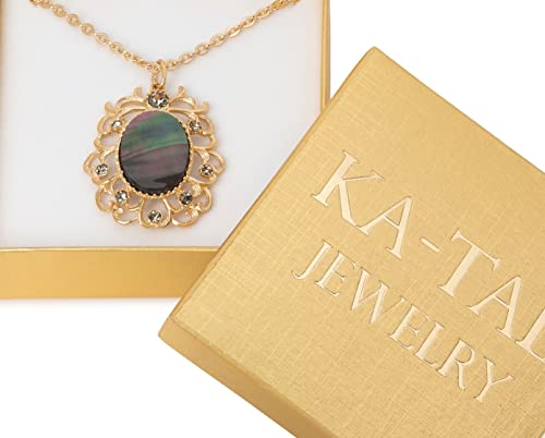 KA-TAL' Black Mother-of-Pearl Vintage Pendant Necklace 14K Gold Plated with Simulated Black Diamond Crystals and 16" Chain + 3" Extender Beautifully Gift Boxed - Image 6
