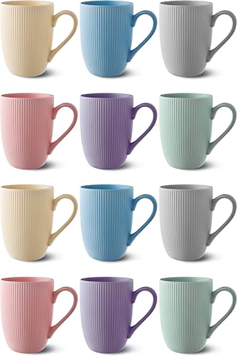 Cosumy Kaffeetassen 12er Set Modern Bunt Pastellfarben - Einzigartiges Streifenmuster - Matt Keramik - Mikrowellenfest - Spülmaschinenfest & Komfortabler Griff