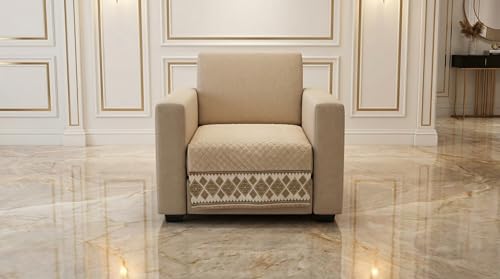 Image of Velvet Quilted Sofa Cover Mat Seat & Back, 1 Seater, L23in H32in, Beige Color,Anti Skid Backing, 6in Hanging Strap Design, Washable Soft, Anti Slip, Separate, Style -Beige-S1