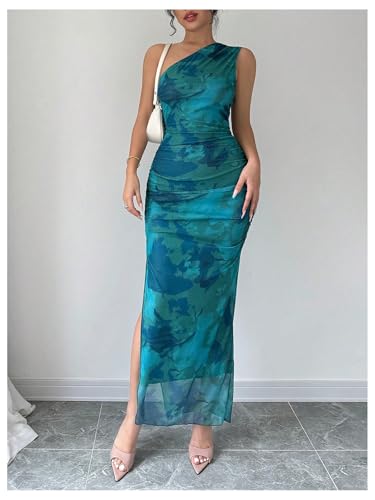 Milumia Women's Printed One Shoulder Bodycon Maxi Dresses Slit Cocktail Party Long Dresses3