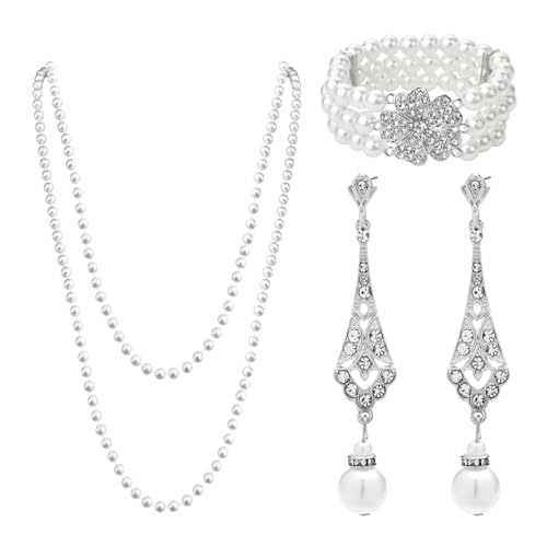 MIVAIUN Collar, Aretes y Pulsera de Perlas Vintage Multicapa de Plástico