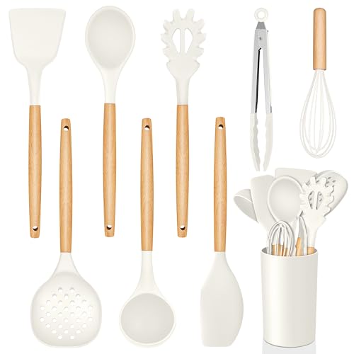 Homikit Juego de utensilios de cocina con mango de madera, 9 unidades, color blanco