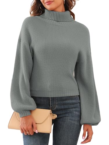 Image of ZAFUL Women's Cropped Turtleneck Sweater Lantern Sleeve Ribbed Knit Pullover Sweater Jumper