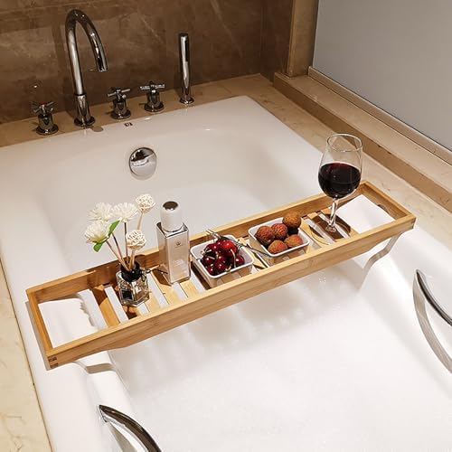 Large Walnut Bathtub Tray Caddy – 31x6 Inch Spa Table, Versatile Slatted Holder, Ideal Gift for Women, Perfect for Relaxation and Bath Accessories