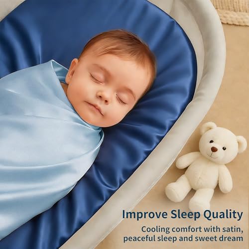 Image of Satin Bassinet Sheets Boy, Great for Baby Hair, Soft Silk Feeling Sheet for Bassinet Mattress & Pad, Gift for Newborn and Infant (Navy Blue)