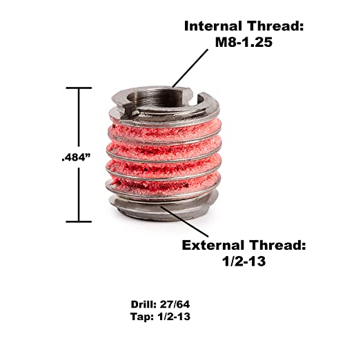 Image of E-Z LOK - 653-8 E-Z Lok Externally Threaded Insert, 303 Stainless Steel /Metric, M8-1.25 Internal Threads, 1 /2 inch-13 External Threads, 12.29mm Length, Made in US (Pack of 5)