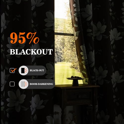 Image of MYSKY HOME Floral 95% Blackout Curtains 90 Inch Long 2 Panels Set for Kitchen White Flower Printed Thermal Insulated Light Blocking Black Out Grommet Window Treatments, 52 inch W Each Panel, Brown