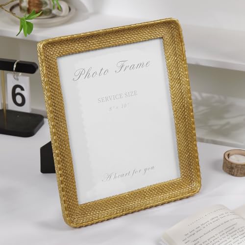 8x10 Picture Frame Gold, Vintage Gold Frames Rattan Textured Hand-Crafted Resin Photo Frame with Glass Front for Tabletop Display & Wall Display, Retro Design Home Decor