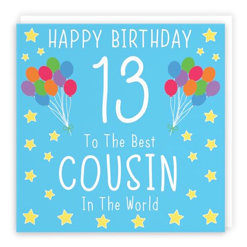 Hunts England Tarjeta de cumpleaños para primo número 13, color azul, con texto en inglés "Happy Birthday", 13, To The Best Cousin In The World, colección icónica, estándar, 148 x 148 mm