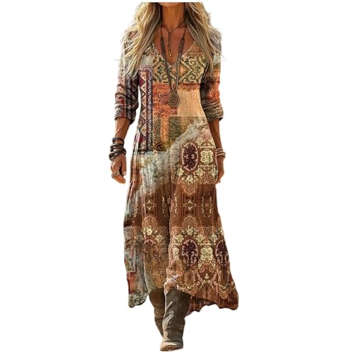 Robe Maxi Femme Bohème Chic Col V Manches Longues Imprimé Géométrique Inspiration Ethnique...