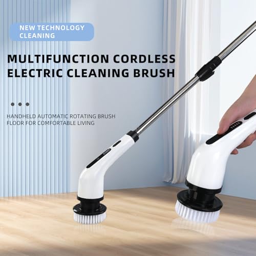 Image of Electric Rotary Scrubber, New Cordless Shower Cleaning Brush with 8 Replaceable Brush Heads, 3 Adjustable Speeds, and Adjustable Bathroom Tile Extension Handle