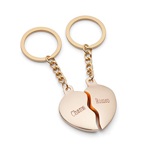 Romeo&Love Geteiltes Herz GOLD Schlüsselanhänger mit Wunschtext Namen Gravur 2 Herz Hälfte Herzen Anhänger Partner Freundschaft Ewige Liebe Geburtstag Valentinstag Hochzeit Jahrestag Liebes Geschenk Cover