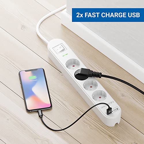 deleyCON 3,0m 4 Fach Steckdosenleiste mit USB Stromleiste 4X Schutzkontaktbuchsen 2X USB-A Ladebuchse für z.B. Handy & Tablet Überspannungsschutz EIN/AUS Schalter Weiß - Image 3
