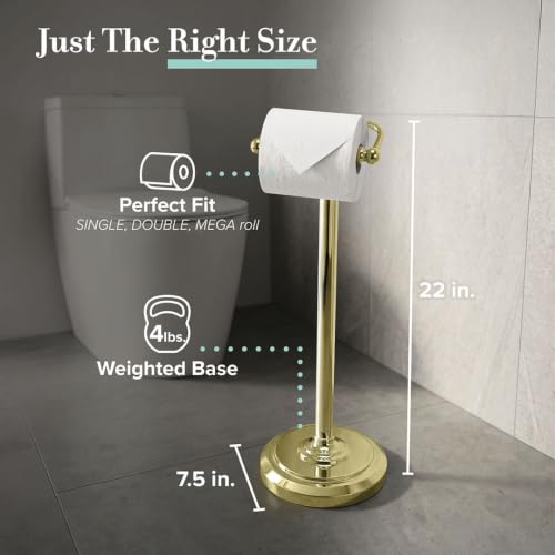 Image of Home Accents Toilet Paper Holder Stand, Brass Finish, Freestanding Bathroom Floor Stand, Weighted Base, 22 Inch