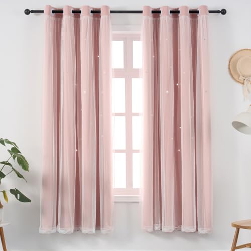 Image of Light Pink Curtains Drapes Blackout Nursery 54 Inches Long Cute Star Cutout