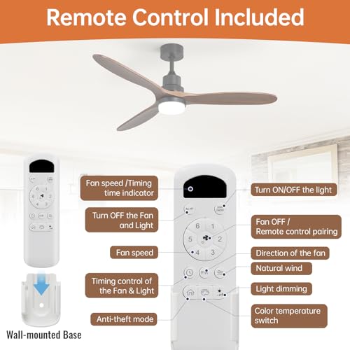 Image of Sofucor 60 Inch Wood Ceiling Fans with Lights and Remote, Indoor /Outdoor | Modern, 3 Blade, Quiet Reversible DC Motor, 3CCT Dimmable, 6 Speeds, Bedroom /Living Room /Farmhouse /Patio /Kitchen, Brown