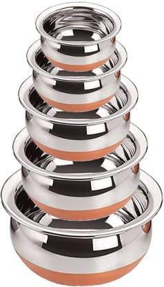 STOREVISE Stainless Steel Copper Bottom Cooking Serving Biryani, Punjabi Pot Pan Combo Handi for Kitchen (Set 5 Pcs)