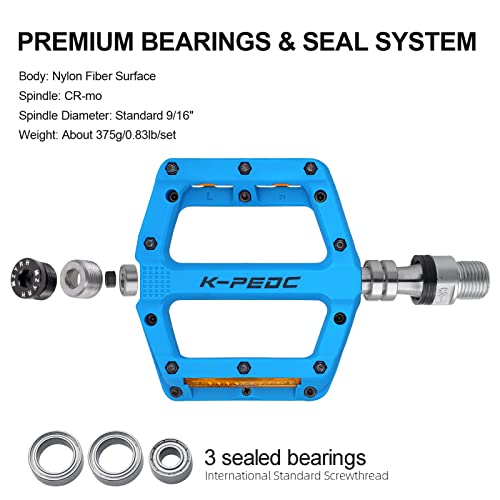 K Pedc Bike Pedals With Reflective Strips,Road/Mtb Bike Pedals,Universal 9/16 Inch Mountain Bike Pedals,3 Bearing Non-Slip Lightweight Nylon Fiber Bicycle Platform Pedals For Bmx Mtb (Blue) #TOP6