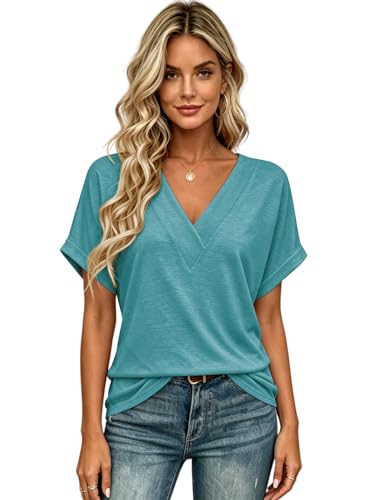 Image of T Shirts Short Sleeve V Neck Tees Womens Tops Beach Vacation Fashion Clothes 2026 Casual Summer Spring Fall Outfits